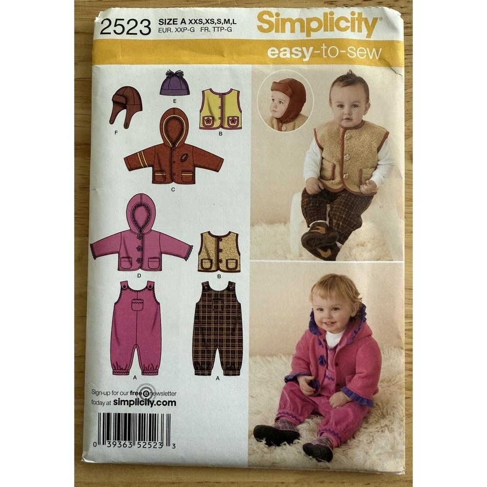 Simplicity pattern 2523 Babies Overalls Jacket Vest & Hats size XXS-Large UC FF